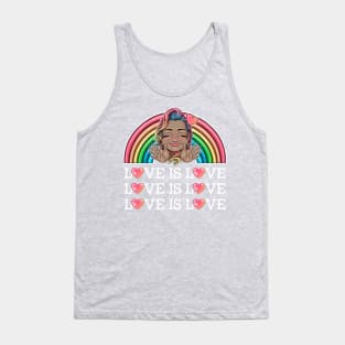 love is love rainbow with Reva Prisma hugging emoji (white text) Tank Top